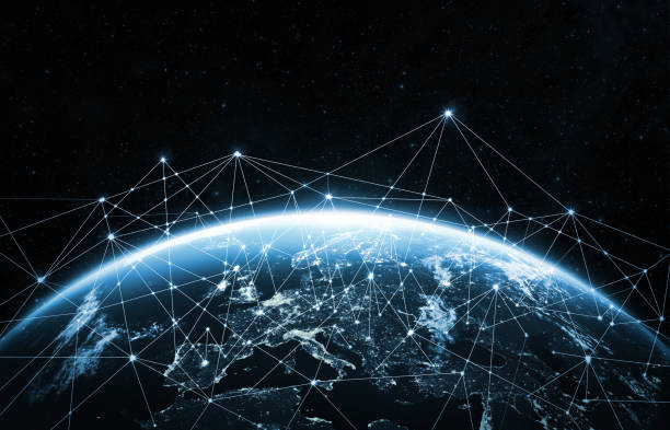 planeta ziemia z kosmosu w nocy . globalna koncepcja sieci - computer network satellite view planet communication zdjęcia i obrazy z banku zdjęć