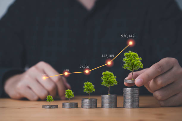 istock Businessman or fund manager stacking coins with tree plant and increasing graph for growth business investment profit and dividend concept. 1368208479