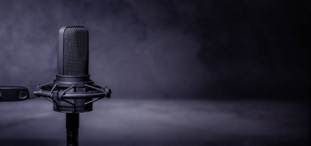 istock Professional microphone with dark concrete wall background, broadcast or podcast banner with copy space, studio microphone concrete room 1368209056