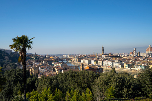 Florence, Italy. January 2022.  the panorama of the city from Piazzale Michelangelo on the hill overlooking the city