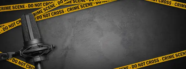 criminal investigation podcast. Crime audio story banner with concrete wall, microphone and crossing lines