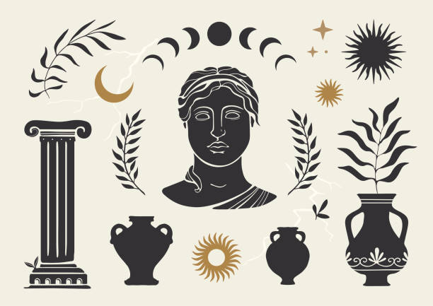 ilustrații de stoc cu set mistic grecesc cu sculptură, elemente de cultură greacă și simboluri astronomice. - grecia antică