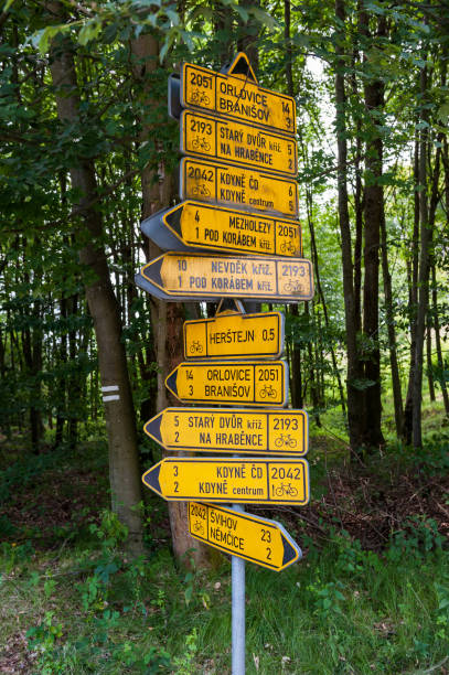 istock Signpost cyclists in Czech republic, Sumava mountains. Guidepost for wandering on bikes. Bikepacking, Sumava, Bohemian Forest, Böhmerwald, Czech Republic. 1368210763