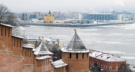 The Nizhny Novgorod Kremlin against the backdrop of the renovated Okskaya embankment on Strelka
