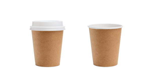 istock Empty paper cup for coffee made from biodegradable brown paper on a white background. Two versions with lid and without lid. 1368213115