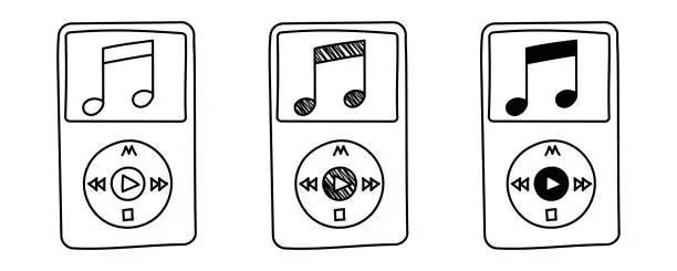 Vector illustration of Set of hand drawn vector MP3 players in doodle cartoon style