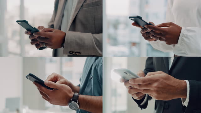 4k video footage of an unrecognisable group of businesspeople standing and using cellphones in the office
