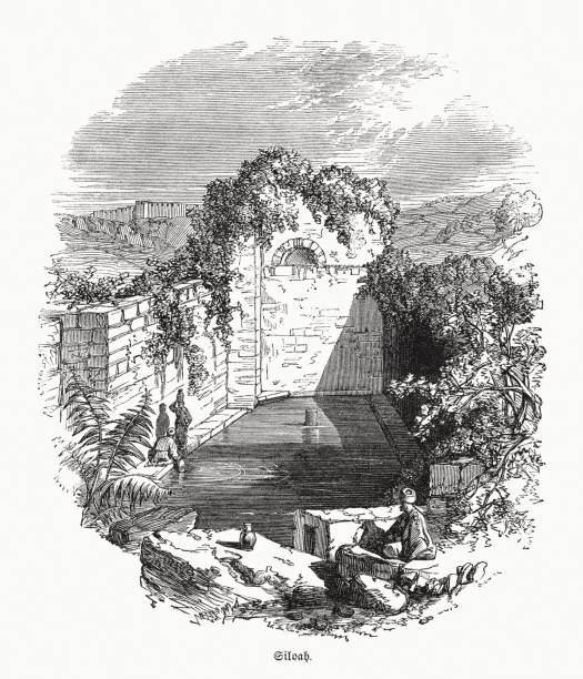 Pool of Siloam, Jerusalem, Israel, wood engraving, published in 1862 Historical view of the Pool of Siloam - a pool in Jerusalem into which the water from the Gihon spring located at the east foot of Mount Zion was channeled and which ensured the water supply of Jerusalem. Today the ancient tunnel system and the pond are part of an archaeological park. Wood engraving, published in 1862. pool of siloam stock illustrations
