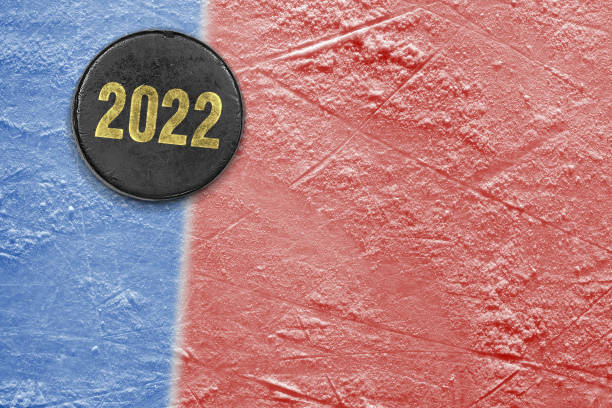 istock Hockey puck on red ice with blue stripe 1368217956
