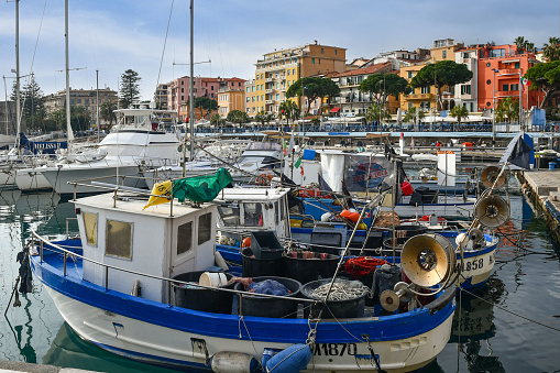 Sanremo, Imperia, Liguria, Italy - 01 03 2022: The historic harbor of Sanremo is called Old Port to distinguish it from the adjacent and modern Portosole.
