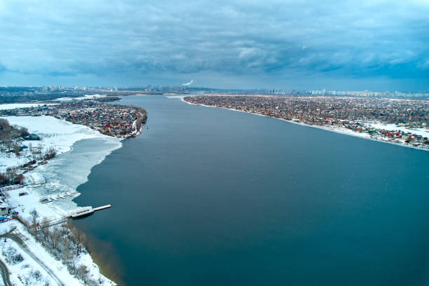 Dnepr River. Aerial photography. Winter landscape in Kyiv, Ukraine. The Dnieper River on the outskirts of the capital of Ukraine, the city of Kyiv. Aerial photography. Winter landscape. dnieper river stock pictures, royalty-free photos & images