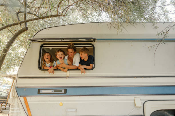 Happiness in our camper van stock photo