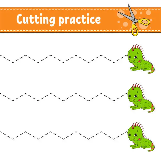 Vector illustration of Cutting practice for kids. Education developing worksheet. Activity page. Color game for children. Isolated vector illustration. cartoon character. Animal theme.