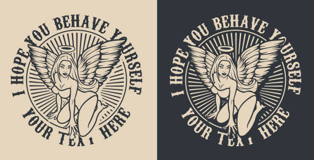 Monochrome vector illustration of an angel girl with wings for black and white background. Monochrome vector illustration of an angel girl with wings for black and white background. Text is in a separate group. vintage pin up girl tattoo stock illustrations