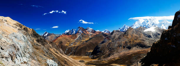 Panorama of snowy mountains and valley in the remote Cordillera Huayhuash Circuit near Caraz in Peru. stock photo