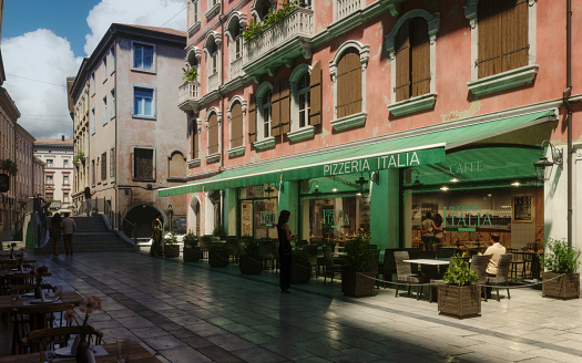 Digitally generated Italian Pizzeria/street cafe at noon.\n\nThe scene was created in Autodesk® 3ds Max 2022 with V-Ray 5 and rendered with photorealistic shaders and lighting in Chaos® Vantage with some post-production added.