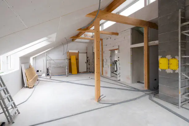 Photo of Loft construction site drywall without people in daylight