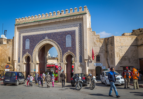 Bab Bou Jeloud (also Bab Boujloud) an ornate city gate and main western entrance to Fes el Bali, the medina of the old city of Fez, Morocco