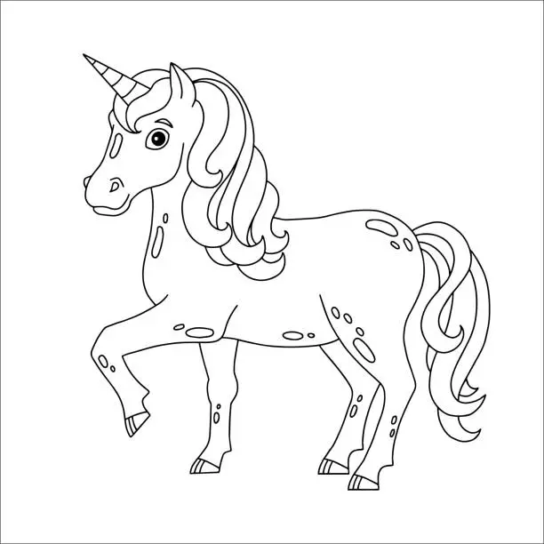 Vector illustration of Cute unicorn. Magic fairy horse. Coloring book page for kids. Cartoon style. Vector illustration isolated on white background.