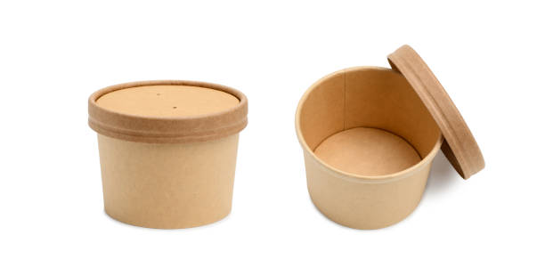 istock Small round paper soup container with lid. Two angles. An isolated object on a white background. 1368230754