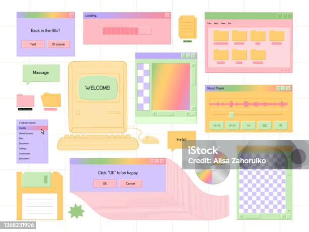 Old User Interface Drawing Set Of Retro User Interface Elements Old Computer 90s Concept Stock ...