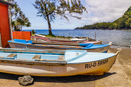 traditional fishing boats of Anse des Cascades in Sainte-Rose on Reunion Island