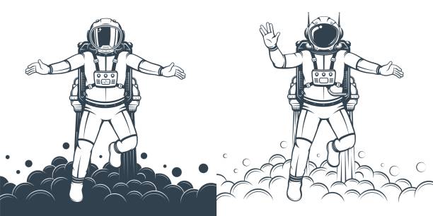 Astronaut floating - retro print Astronaut floating - retro print. Spaceman flying in spacesuit with jetpack. Vintage cosmonaut. Vector illustration vulcan salute stock illustrations