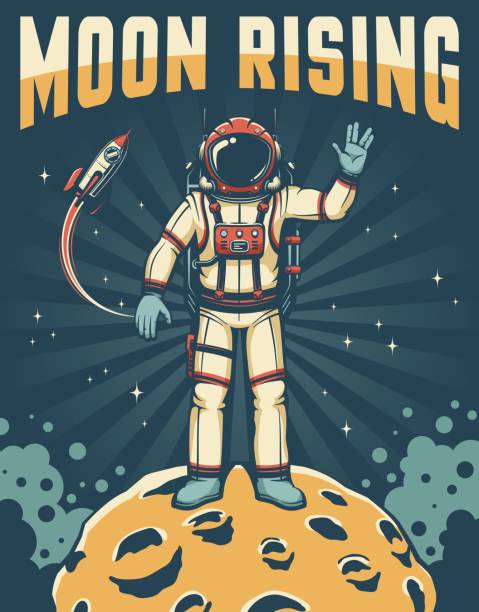 Astronaut on the Moon - sky-fi retro poster Astronaut on the Moon - sky-fi retro poster. Spaceman in spacesuit on planet with craters shows Vulcan salute gesture. Vector illustration in vintage style. vulcan salute stock illustrations