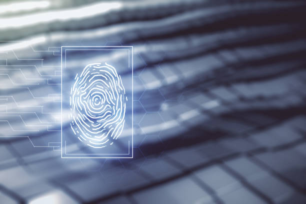 istock Abstract virtual fingerprint hologram on blurry abstract metal background. Multiexposure 1368233142