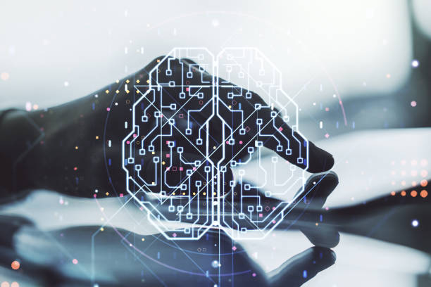 istock Creative artificial Intelligence concept with human brain sketch and finger presses on a digital tablet on background. Double exposure 1368233685