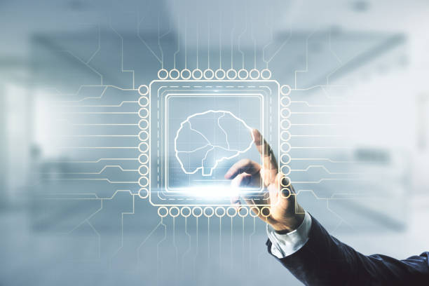 istock Double exposure of man hand working with creative human brain microcircuit hologram on blurred office background. Future technology and AI concept 1368233693