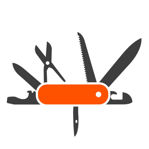 szwajcarski nóż składany płaska ikona, wielofunkcyjny nóż wojskowy, nóż do zapięcia, wektor - silhouette work tool equipment penknife stock illustrations