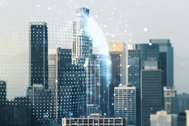 istock Abstract creative digital world map on Los Angeles cityscape background, globalization concept. Multiexposure 1368233724