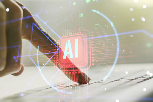 double exposure of creative artificial intelligence abbreviation with hand typing on computer keyboard on background. future technology and ai concept - motor neuron imagens e fotografias de stock