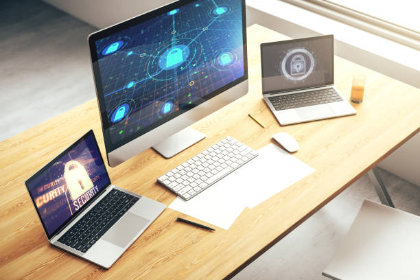 istock Computer monitor with creative light lock illustration and microcircuit, cyber security concept. 3D Rendering 1368233845