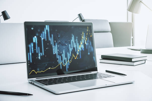 Modern computer screen with abstract creative financial chart, research and analytics concept. 3D Rendering stock photo