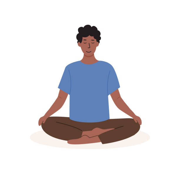 Square poster with young african male meditating and doing yoga breathing exercise. Man practicing Pranayama. Card with capture Meditation with palm leaves on background. Flat vector illustration. Young african male meditating and doing yoga breathing exercise. Man practicing Pranayama and Meditation. Flat vector illustration isolated on white background. sukhasana stock illustrations
