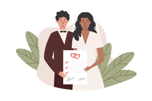 A groom and bride holding signed marriage contract. Interracial married couple with prenup document. Newlywed with prenuptial agreement marriage certificate on tropical background. Vector illustration A groom and bride holding signed marriage contract. Interracial married couple with prenup document. Newlywed with prenuptial agreement marriage certificate on background. Vector illustration african bride and groom stock illustrations
