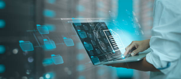 businessman working modern compter document management system (dms),virtual online documentation database and process automation to efficiently manage files, knowledge and documentation in enterprise with erp. - mal deposu stok fotoğraflar ve resimler