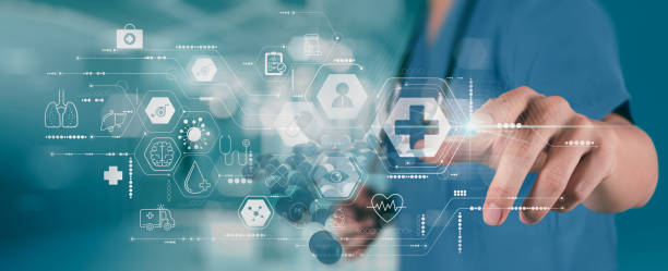 Medicine doctor using modern computer diagnose virtual electronic medical record of patient on interface.Digital healthcare and network on modern virtual screen, DNA medical technology and futuristic concept. stock photo