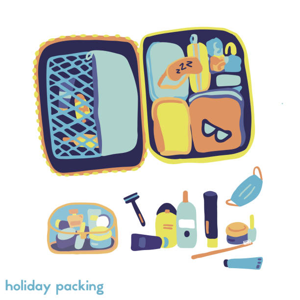 ilustrações de stock, clip art, desenhos animados e ícones de travelling - packing bag travel