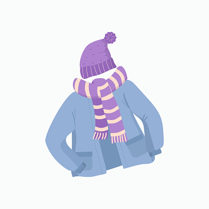 Set jacket, hat and scarf. Winter season clothing. Vector flat illustration with isolated background.