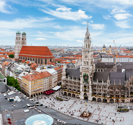 Centre of the Munich Old Town. Marienplatz from above.