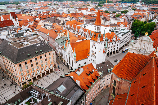 Marienplatz in Munich - Aerial view to The New Town Hall and The Frauenkirche.