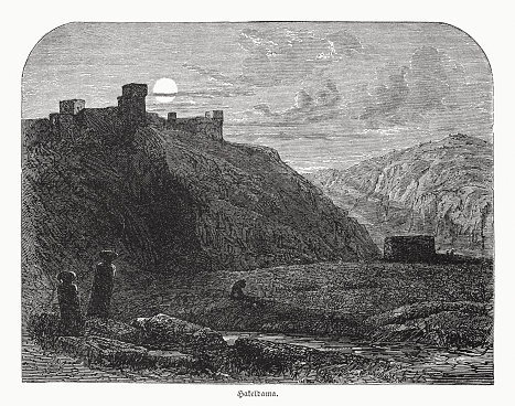 Historical view of Hakeldama (Akeldama) - an ancient cemetery near Jerusalem where Judas Iscariot is said to be buried (Acts 1, 19). Wood engraving, published in 1862.