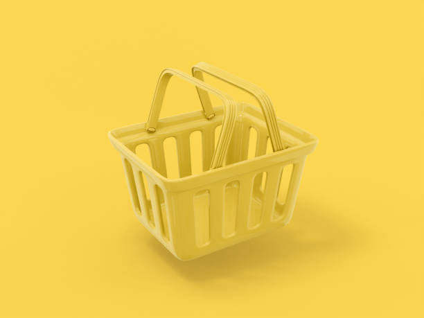 istock Yellow mono color shopping cart half view on yellow solid background. Minimalistic design object. 3d rendering icon ui ux interface element. 1368240436
