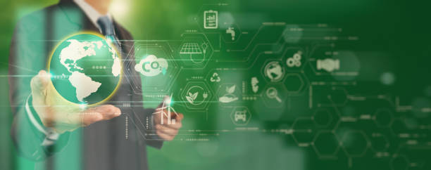 Businessman working virtual globe modern computer to reduce CO2 emissions carbon footprint climate change to limit global warming.Sustainable development and innovation green business concept. empresario que trabaja en el globo virtual de la computadora moderna para reducir las emisiones de co2 huella de carbono cambio climático para limitar el calentamiento global. desarrollo sostenible e innovación concepto de negocio verde.