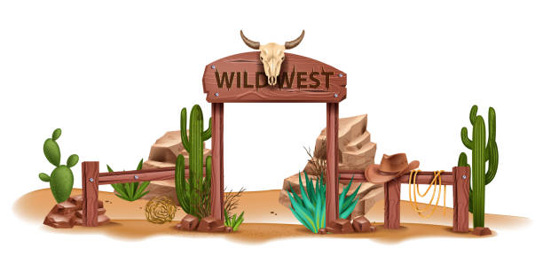 ilustrações de stock, clip art, desenhos animados e ícones de wild west vector background, western wooden sign board, vintage rustic park entrance, fence, cactus. - cowboy hat wild west hat wood