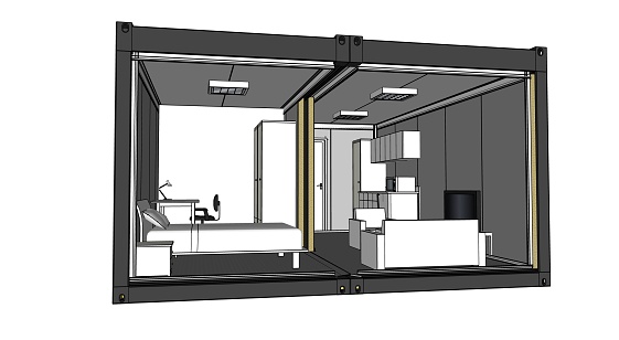 New trend in construction: Steel container house.  3d model perspective looking from facade.
