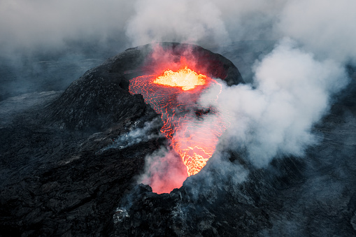 Fagradalsfjall Volcano Eruption, Drone point of view towards the lava stream of the erupting Fagradalsfjall Volcano on Iceland, Norther Europe.